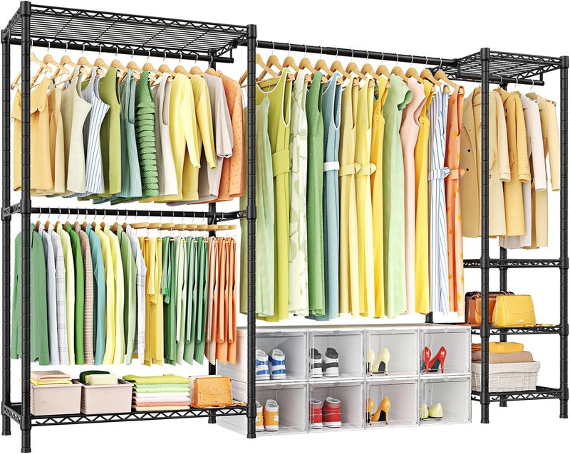 Ulif E10 Clothes Rack（With Stretchable Hanger Rod）Freestanding Clothing Racks for Hanging Clothes，Adjustable Closet Organizer System，Portable Garment Rack 73-97"W x 15" D x 72" H，Max Load 800LBS，Black - Image 1